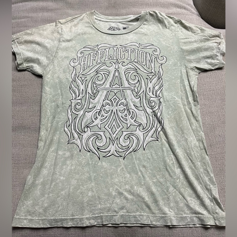 Affliction Live Fast T Shirt Mens Size XL Light Green Short Sleeve White Washed